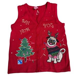 Bah Hum Pug Red Sweater Vest